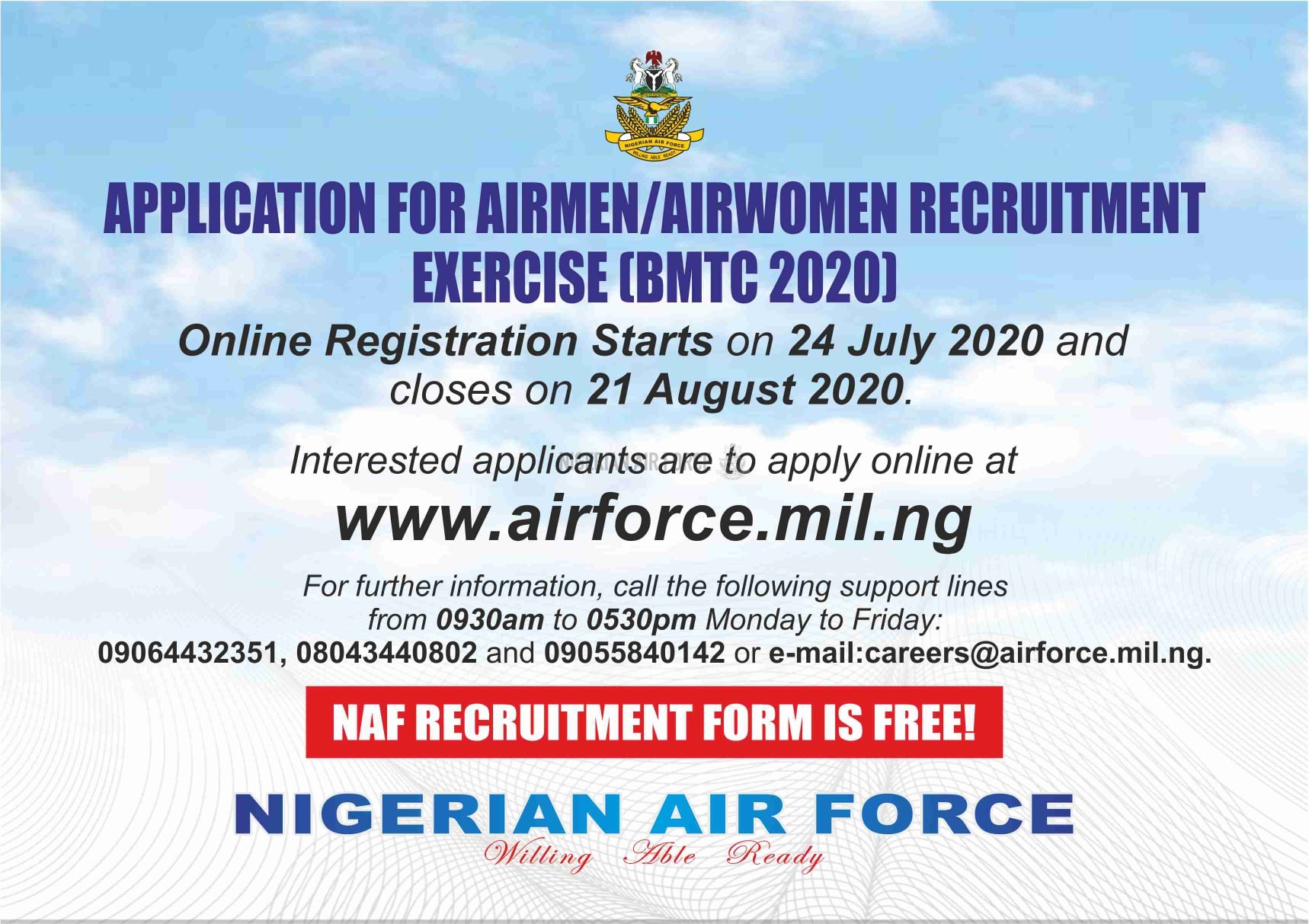 APPLICATION FOR AIRMEN, AIRWOMEN RECRUITMENT TO COMMENCE ONLINE ON  24 JULY 2020