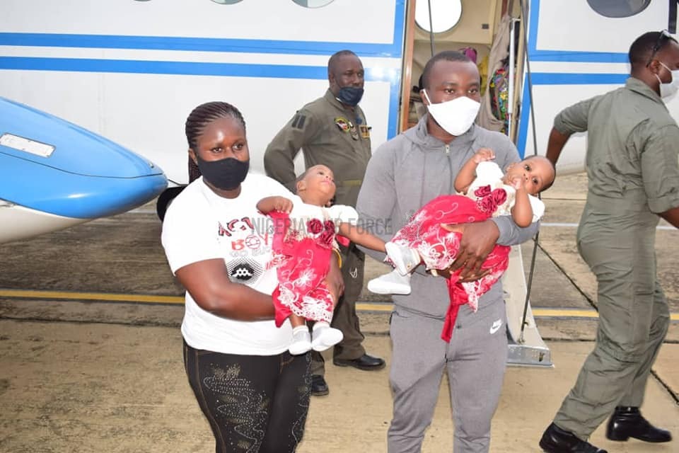 CIVIL-MILITARY RELATIONS: NAF AIRLIFTS ERSTWHILE CONJOINED TWINS BACK TO YENAGOA AFTER SUCCESSFUL SEPARATION SURGERY AT FMC YOLA