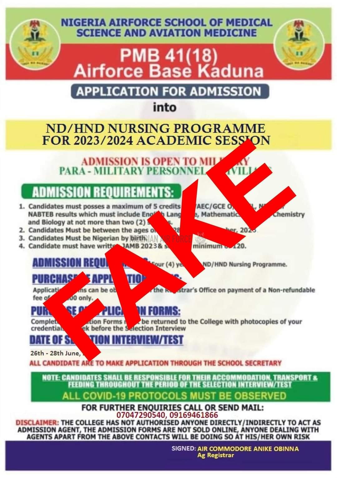 PRESS RELEASE  WARNING AGAINST FAKE ADMISSION INTO NIGERIAN AIR FORCE SCHOOL OF MEDICAL SCIENCES AND AVIATION MEDICINE